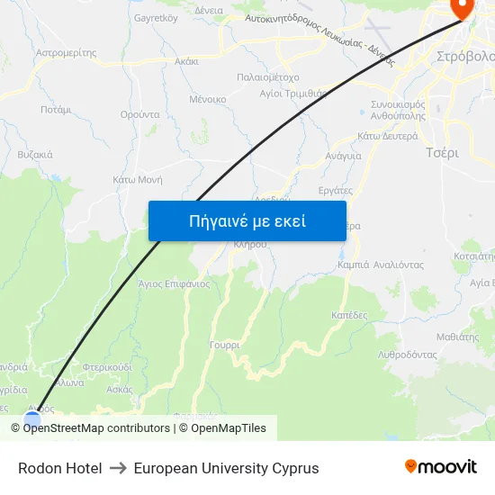 Rodon Hotel to European University Cyprus map