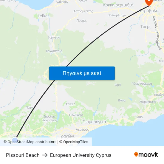 Pissouri Beach to European University Cyprus map