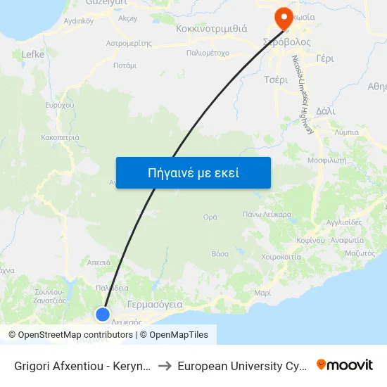 Grigori Afxentiou - Keryneias to European University Cyprus map