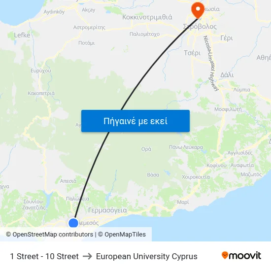 1 Street - 10 Street to European University Cyprus map