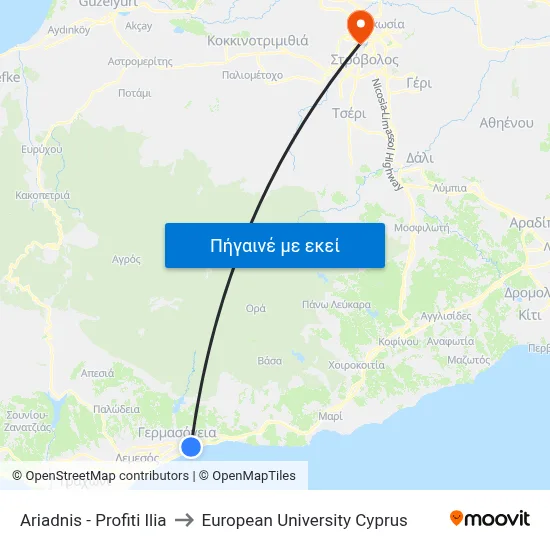 Ariadnis - Profiti Ilia to European University Cyprus map
