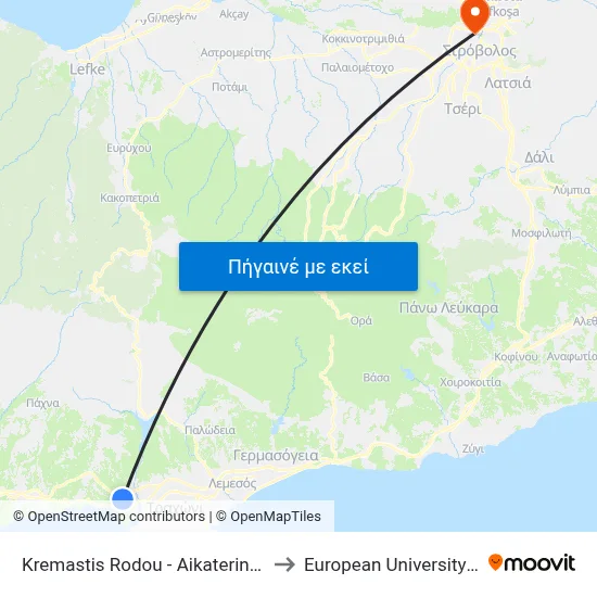 Kremastis Rodou - Aikaterinis Kornaro to European University Cyprus map