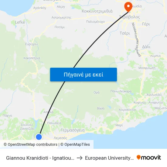 Giannou Kranidioti - Ignatiou Georgiou to European University Cyprus map