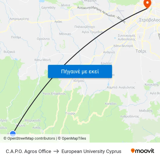 C.A.P.O. Agros Office to European University Cyprus map