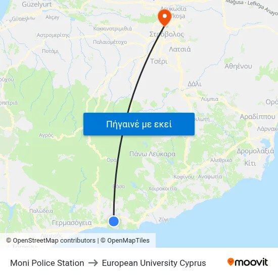Moni Police Station to European University Cyprus map