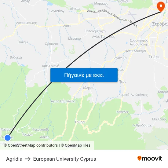 Agridia to European University Cyprus map