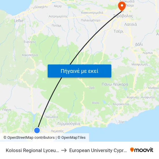 Kolossi Regional Lyceum to European University Cyprus map