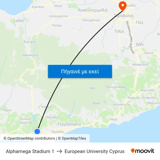 Alphamega Stadium 1 to European University Cyprus map