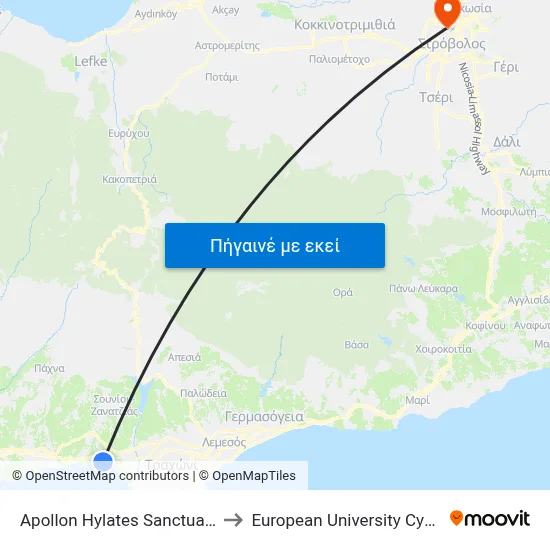 Apollon Hylates Sanctuary 1 to European University Cyprus map
