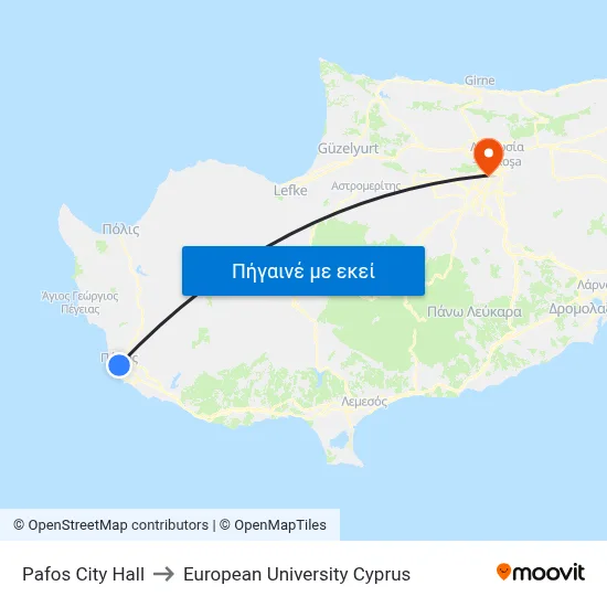 Pafos City Hall to European University Cyprus map