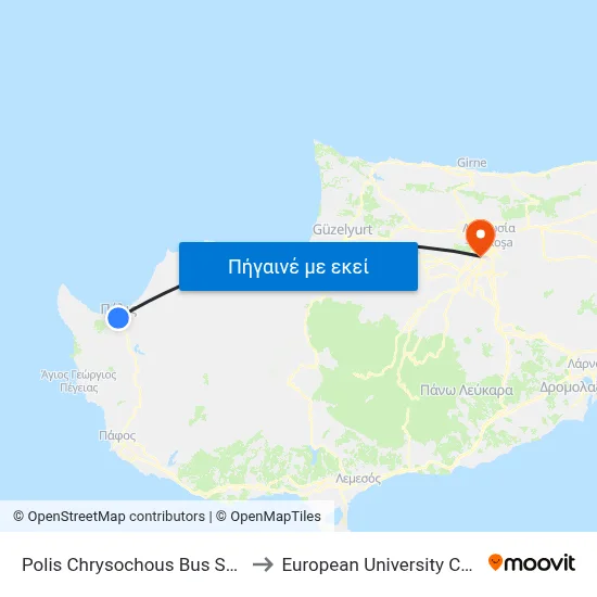 Polis Chrysochous Bus Station to European University Cyprus map