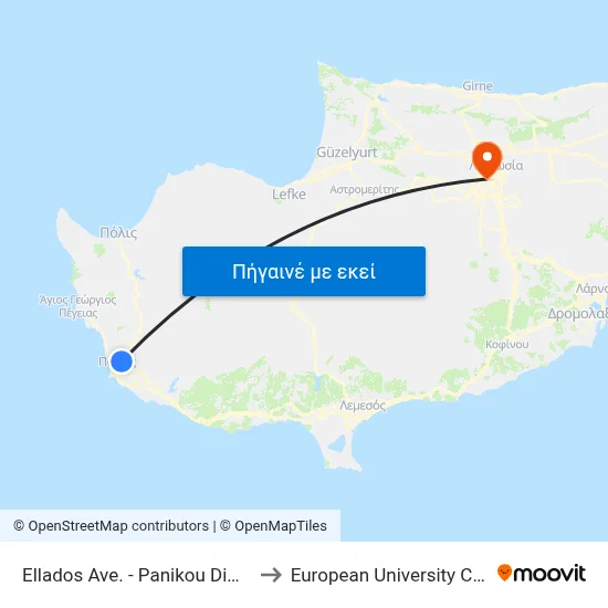 Ellados Ave. - Panikou Dimitriou to European University Cyprus map