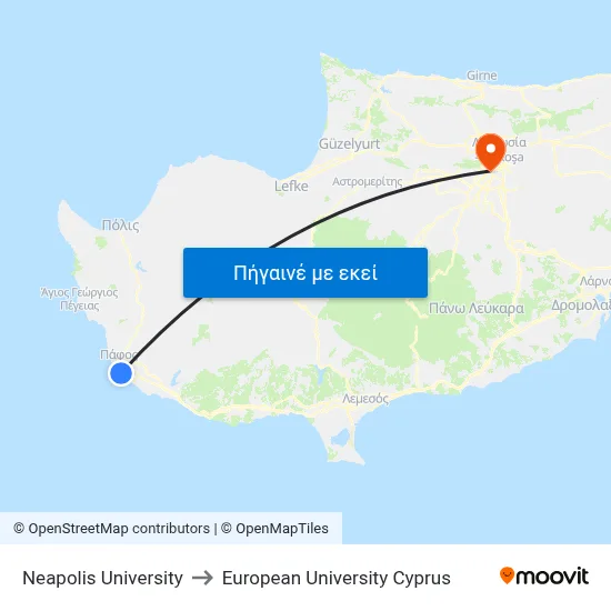 Neapolis University to European University Cyprus map