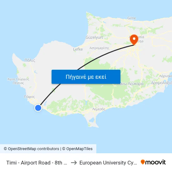 Timi - Airport Road - 8th Stop to European University Cyprus map