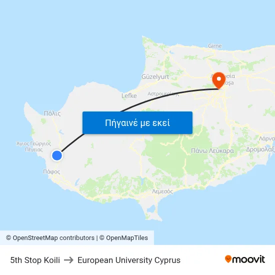 5th Stop Koili to European University Cyprus map