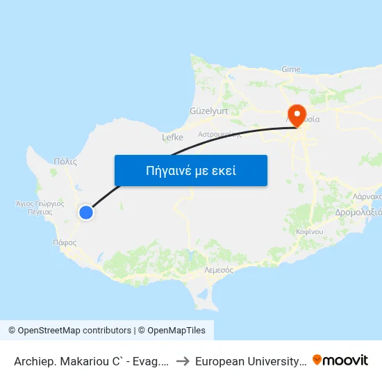 Archiep. Makariou C` - Evag. Pallikaridi to European University Cyprus map
