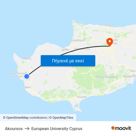 Akoursos to European University Cyprus map