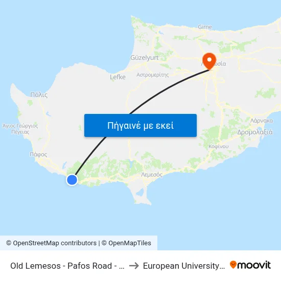Old Lemesos - Pafos Road - 16th Stop to European University Cyprus map