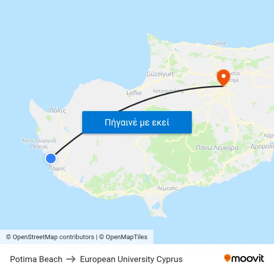 Potima Beach to European University Cyprus map