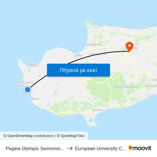 Pegeia Olympic Swimming Pool to European University Cyprus map