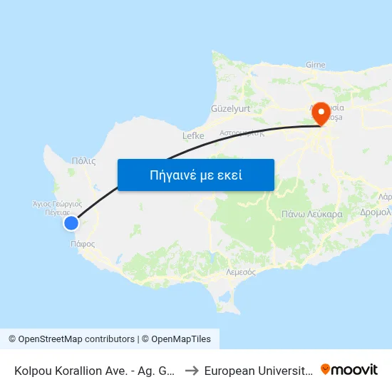 Kolpou Korallion Ave. - Ag. Georgiou Ave. to European University Cyprus map