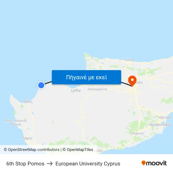 6th Stop Pomos to European University Cyprus map