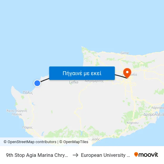 9th Stop Agia Marina Chrysochous to European University Cyprus map