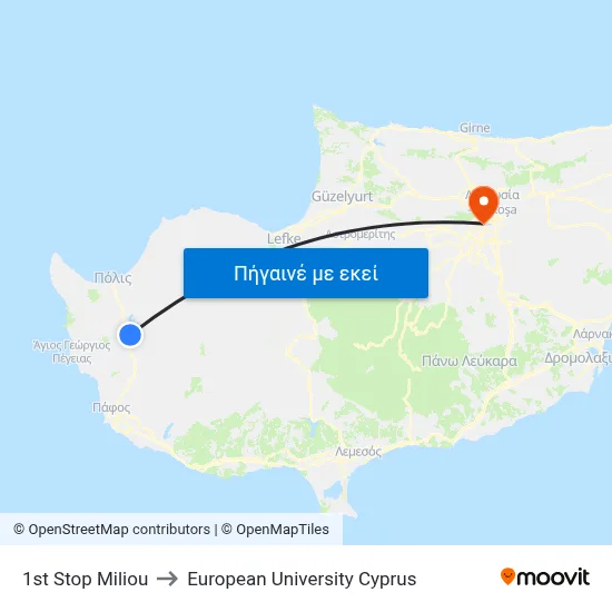 1st Stop Miliou to European University Cyprus map