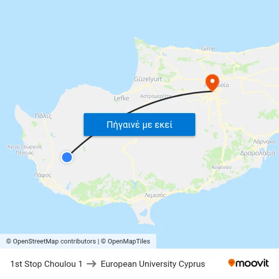 1st Stop Choulou 1 to European University Cyprus map