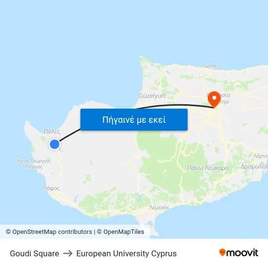 Goudi Square to European University Cyprus map