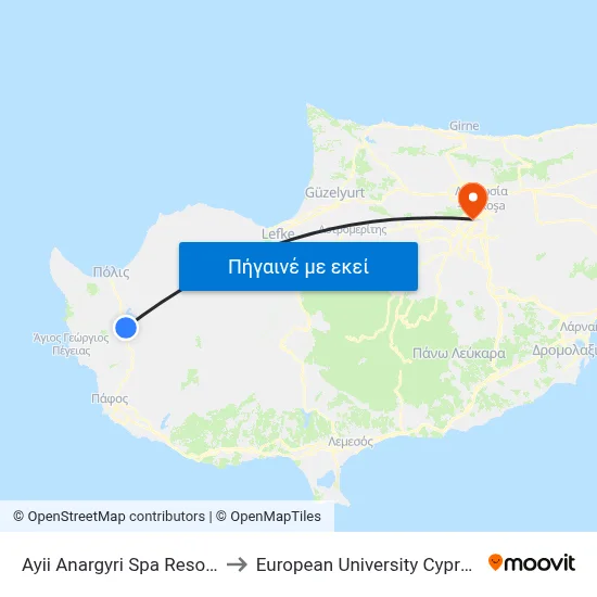 Ayii Anargyri Spa Resort to European University Cyprus map