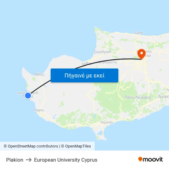 Plakion to European University Cyprus map
