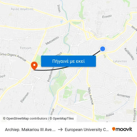 Archiep. Makariou III Ave. - Iras to European University Cyprus map
