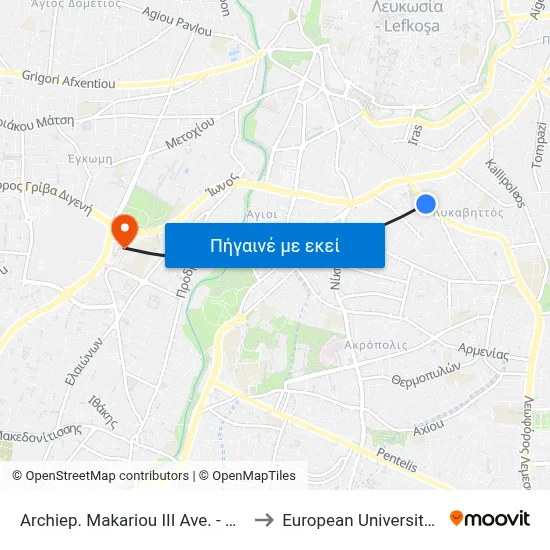 Archiep. Makariou III Ave. - Dimofontos to European University Cyprus map