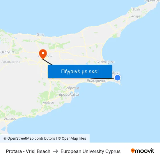 Protara - Vrisi Beach to European University Cyprus map