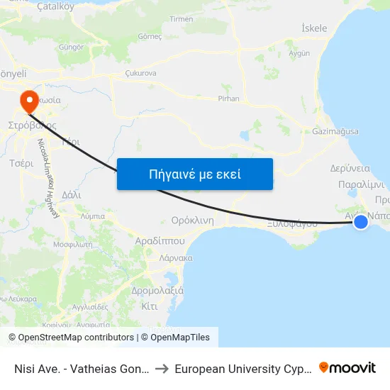 Nisi Ave. - Vatheias Gonias to European University Cyprus map
