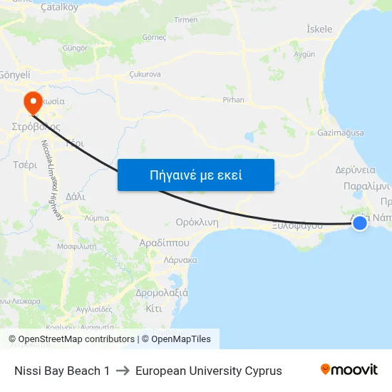 Nissi Bay Beach 1 to European University Cyprus map