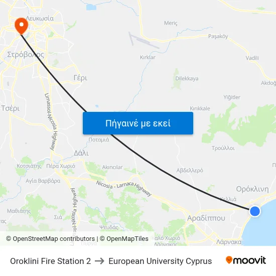 Oroklini Fire Station 2 to European University Cyprus map