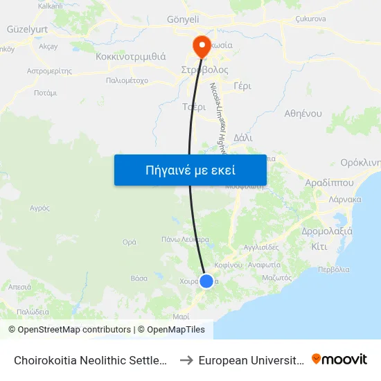 Choirokoitia Neolithic Settlement (Oasis) to European University Cyprus map