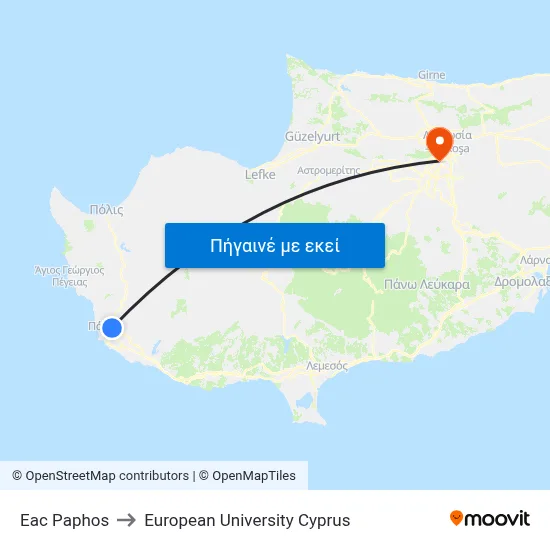Eac Paphos to European University Cyprus map