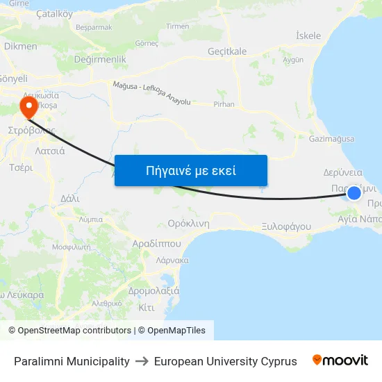 Paralimni Municipality to European University Cyprus map