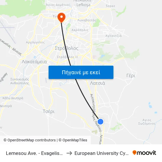 Lemesou Ave. - Evagelistrias to European University Cyprus map
