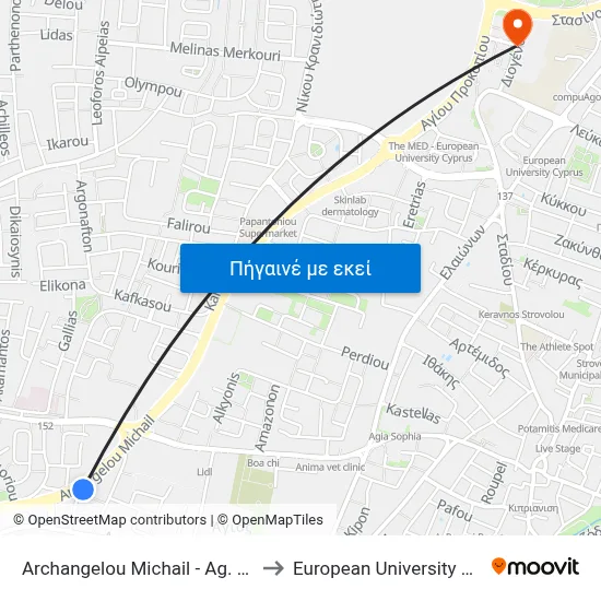 Archangelou Michail - Ag. Alexiou to European University Cyprus map
