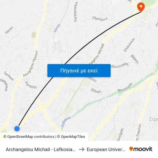 Archangelou Michail - Lefkosias - Troodous Hwy to European University Cyprus map