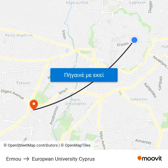 Ermou to European University Cyprus map