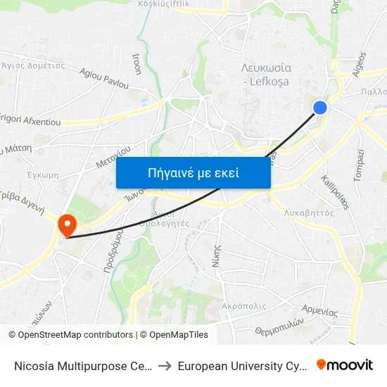 Nicosia Multipurpose Centre to European University Cyprus map