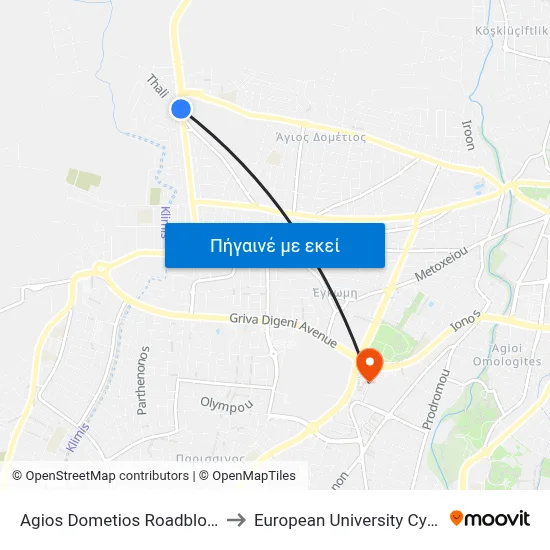 Agios Dometios Roadblock 2 to European University Cyprus map