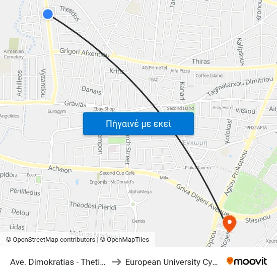 Ave. Dimokratias - Thetidos to European University Cyprus map