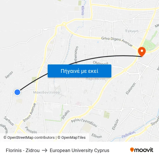 Florinis - Zidrou to European University Cyprus map