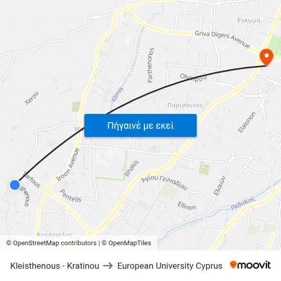 Kleisthenous - Kratinou to European University Cyprus map